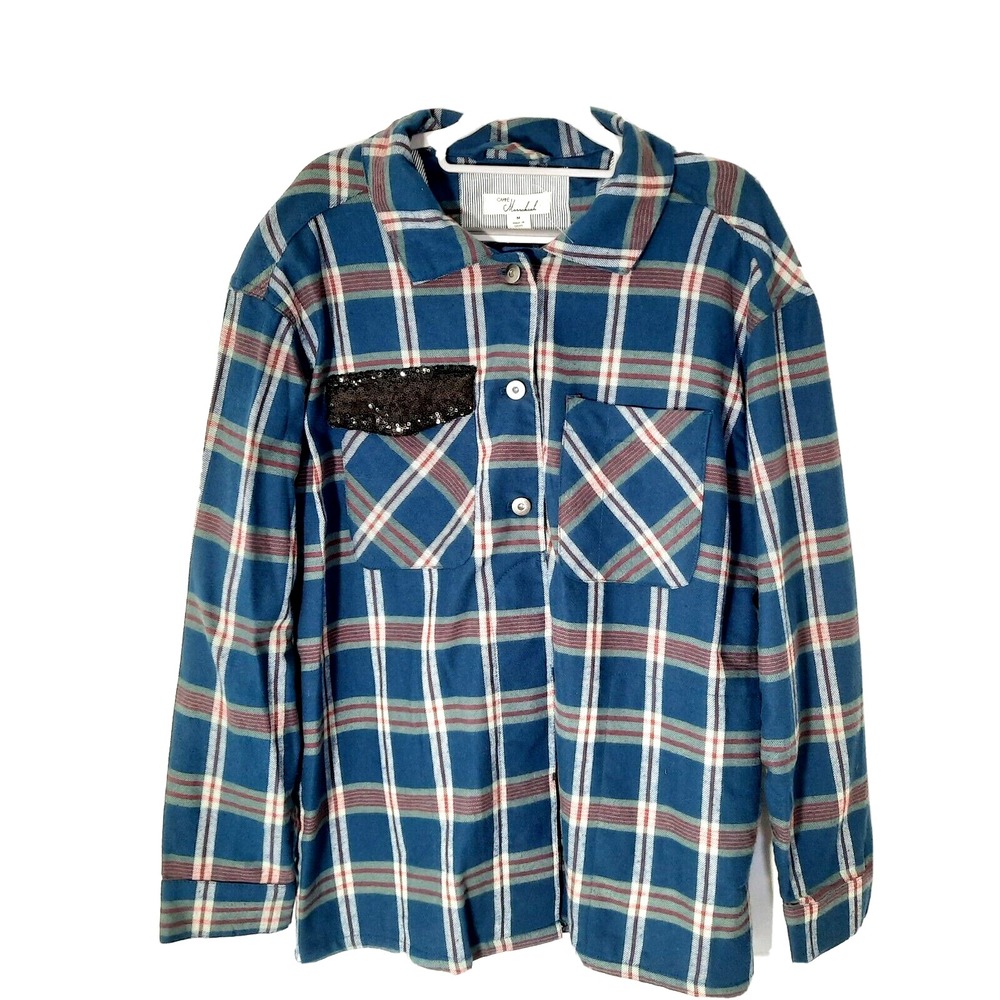 Caffe Marrakesh Women Shirt M Shacket Flannel‎ Plaid Sequin Pocket Button Casual